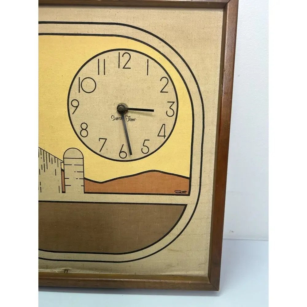 Vintage Mid-Century Modern “Sunset Time” Wall Clock Farm Scene Wood Frame